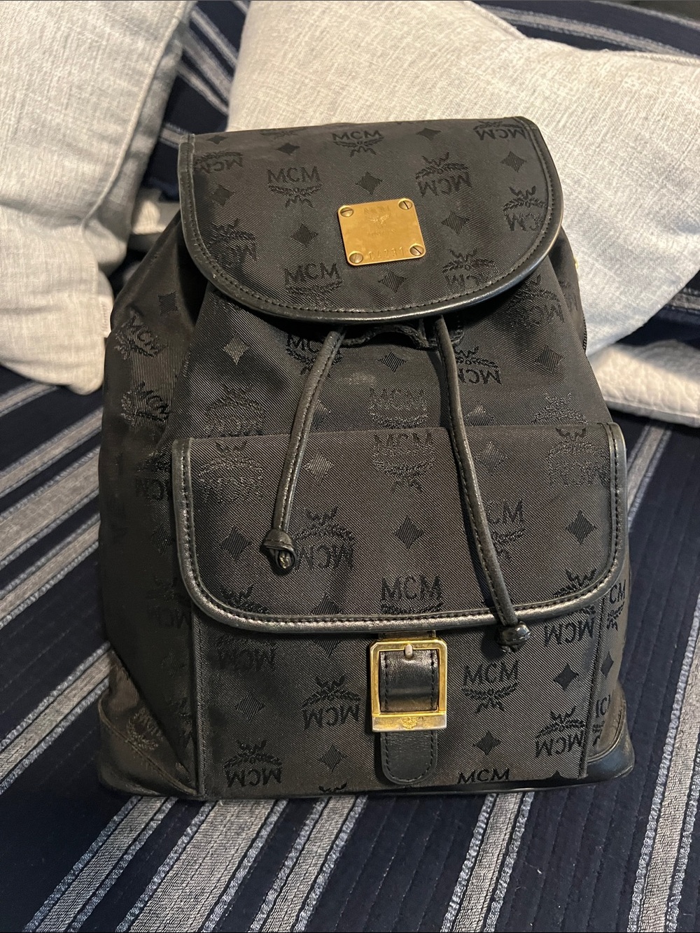 MCM Black Monogram Backpack with Gold Plate